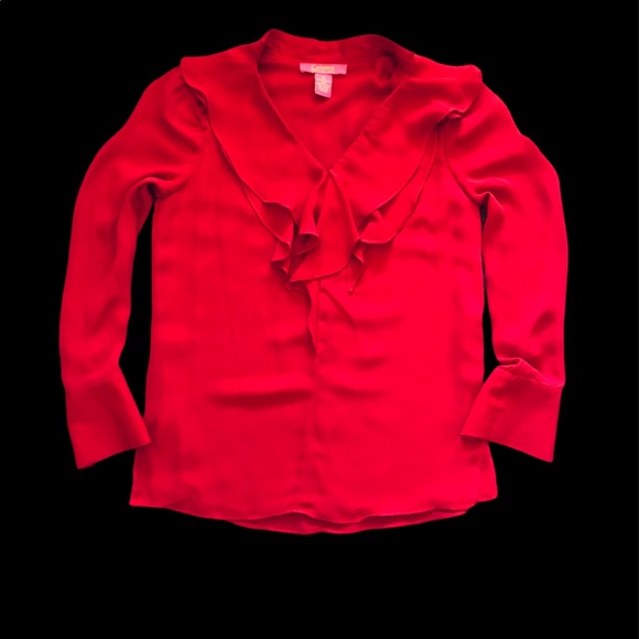 Catherine, Rich Red Long Sleeve Ruffled Blouse, Size XS - Picture 3 of 5